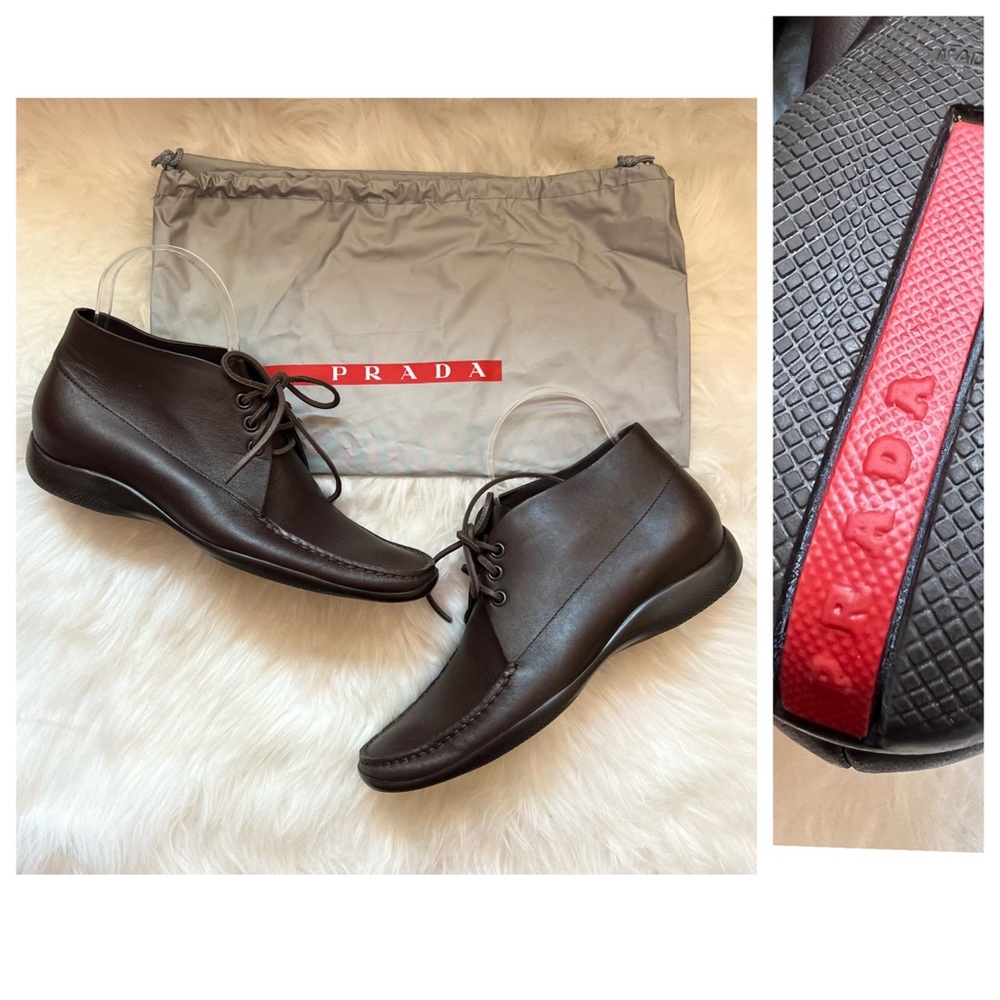 PRADA Logo Chukka Lace Up Leather Boots Loafers. 8 but it’s more 8.5 in size.